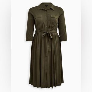 Torrid Midi Rayon Slub Belted Olive Shirtdress